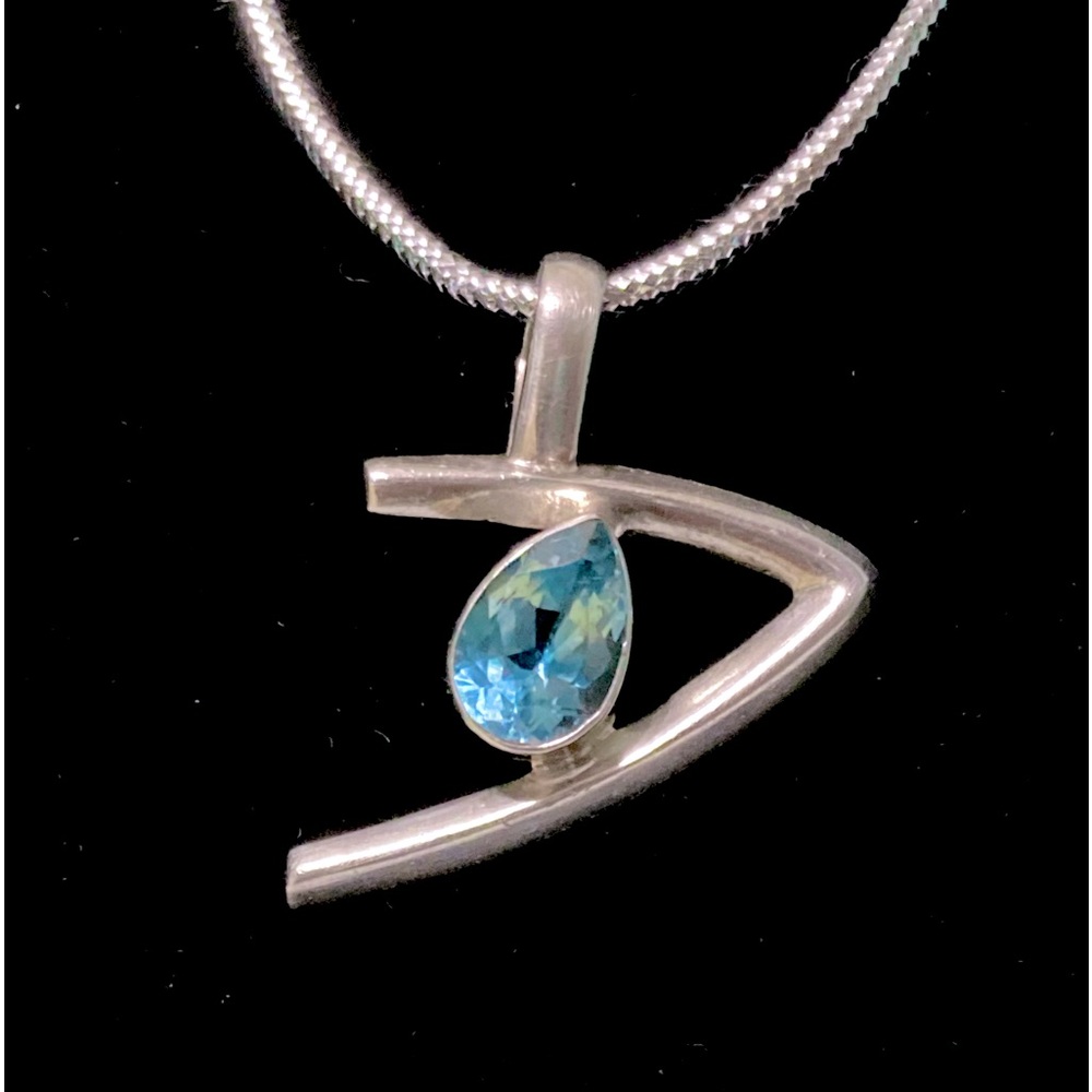 Vintage Mod MCM Pear-shaped Blue Topaz Sterling V pendant handmade